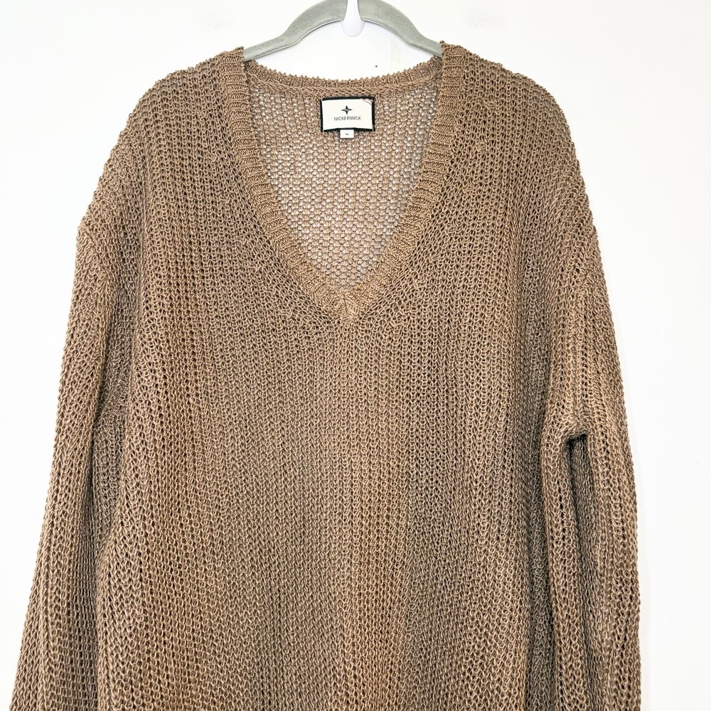 Tuckernuck 100% Linen Brown Tan V-Neck Sweater Top Preppy Oversized Slouchy - Picture 3 of 5